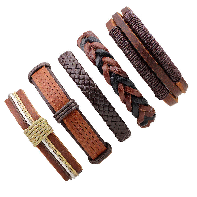 Men's Five-Piece Brown Cowhide Leather Woven Bracelet Set