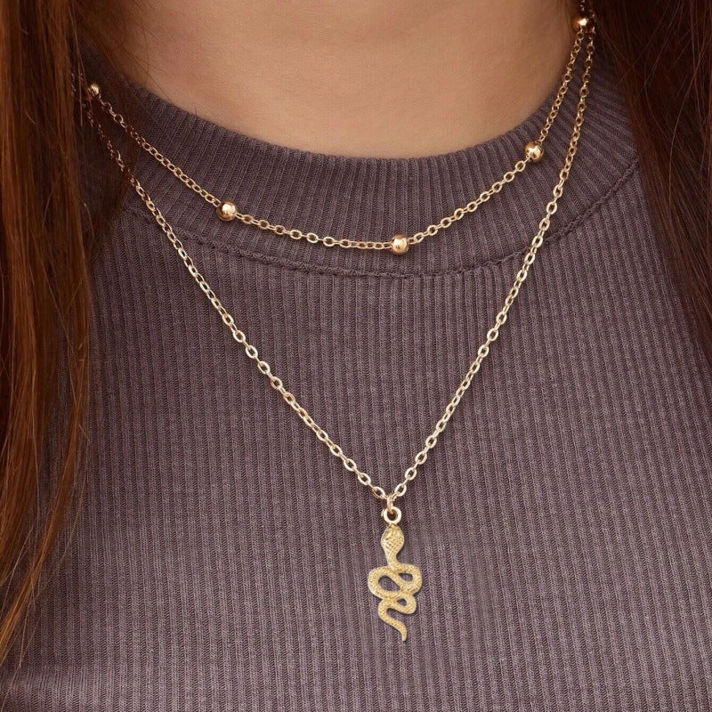 Snake Pendant Necklace Ins Personality Alloy Bead Chain Double Clavicle Chain Women's Sweater Chain