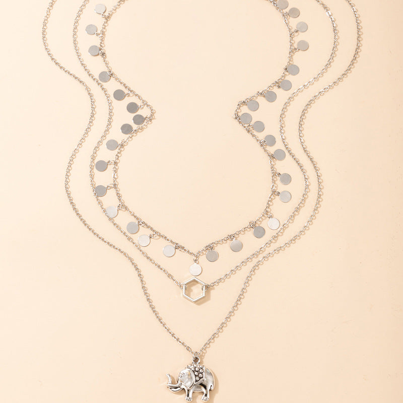 Fashion Ins Style Disc Diamond Elephant Pendant Long Multi-layer Alloy Necklace Necklace