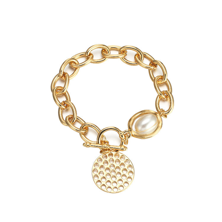 Chain Pearl OT Buckle Hollow Disc Bracelet