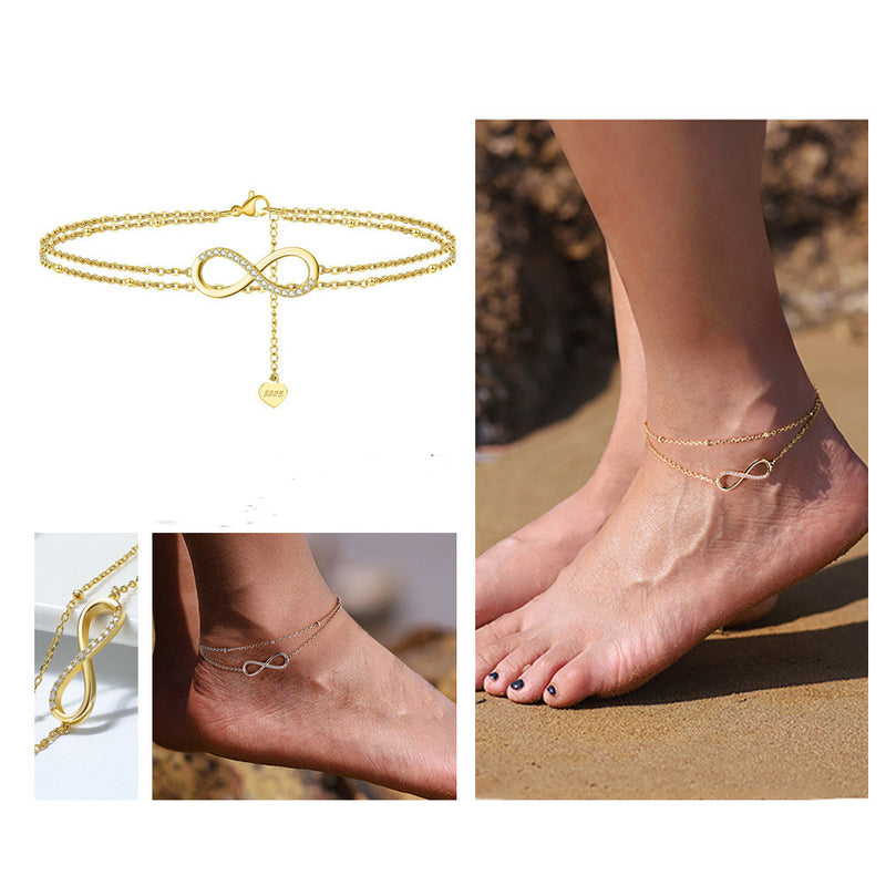 Double Layer 8 Lucky Symbol Anklet Adjustable 14K Gold