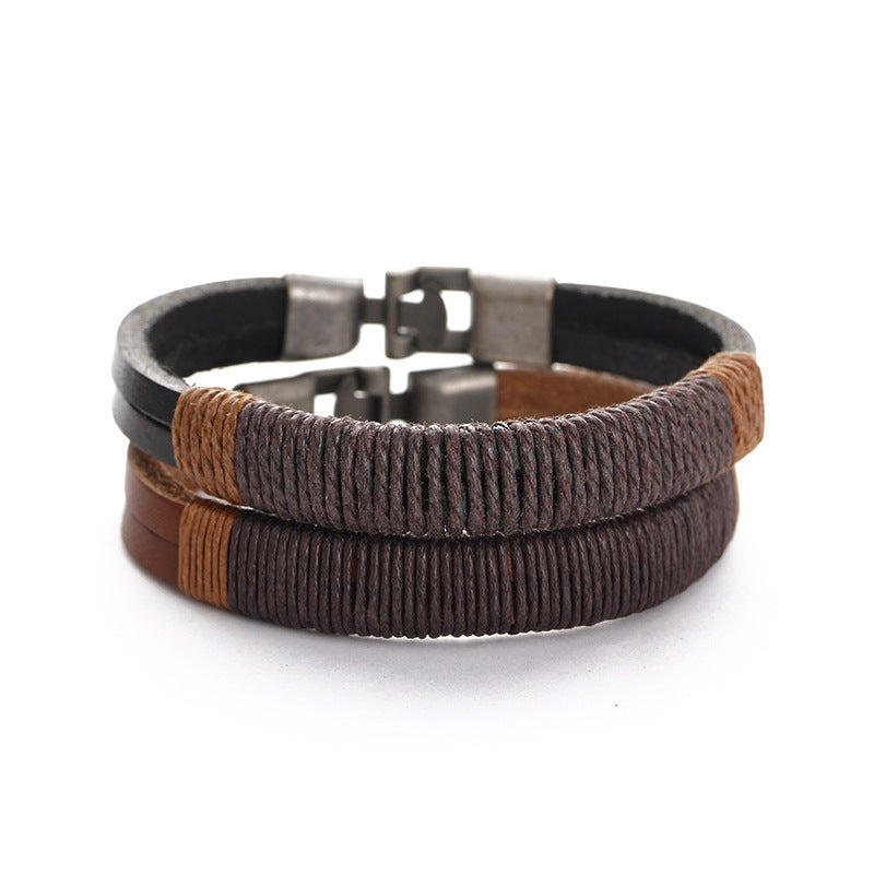 Vintage Trend Titanium Black Leather Hemp Rope Bracelet