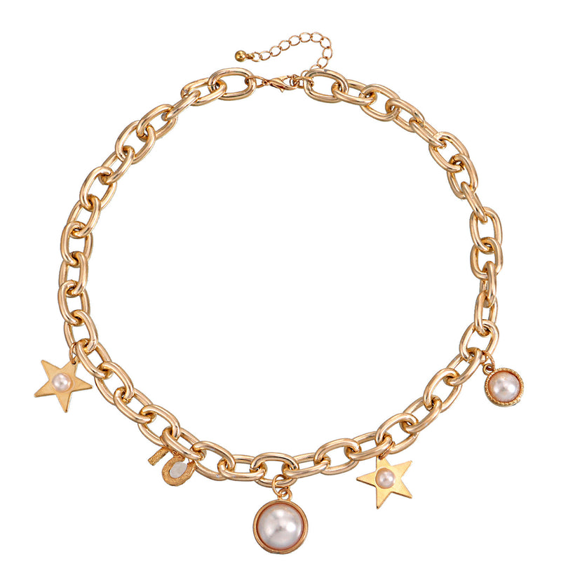 Exaggerated Thick Chain Pearl Five-pointed Star Pendant Necklace Women