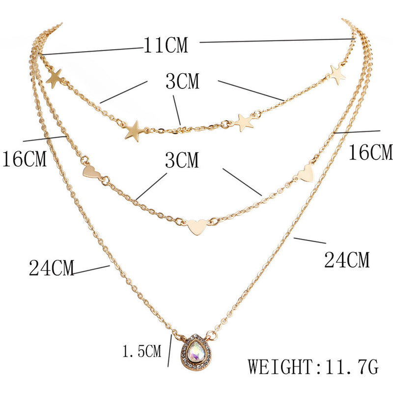 Personalized Multi-layer Five-pointed Star Heart Love Heart Full Diamond Water Drop Necklace