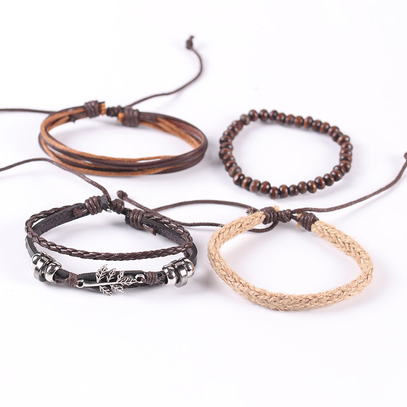 Alloy Maple Leaf Leather Bracelet Multi-layer Ethnic Style Retro Hemp Rope Hand-knitted Accessory