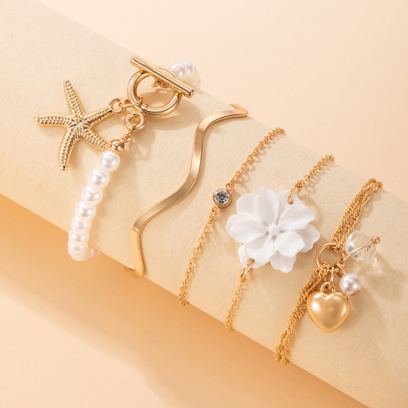 White Flower Love Starfish Pendant Pearl Bracelet 5 Piece Set Female