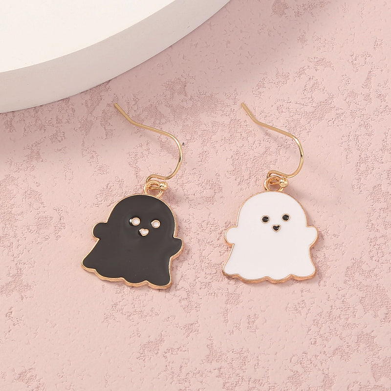 Halloween gift black drop oil ghost earrings, creative black and white matching earrings woman