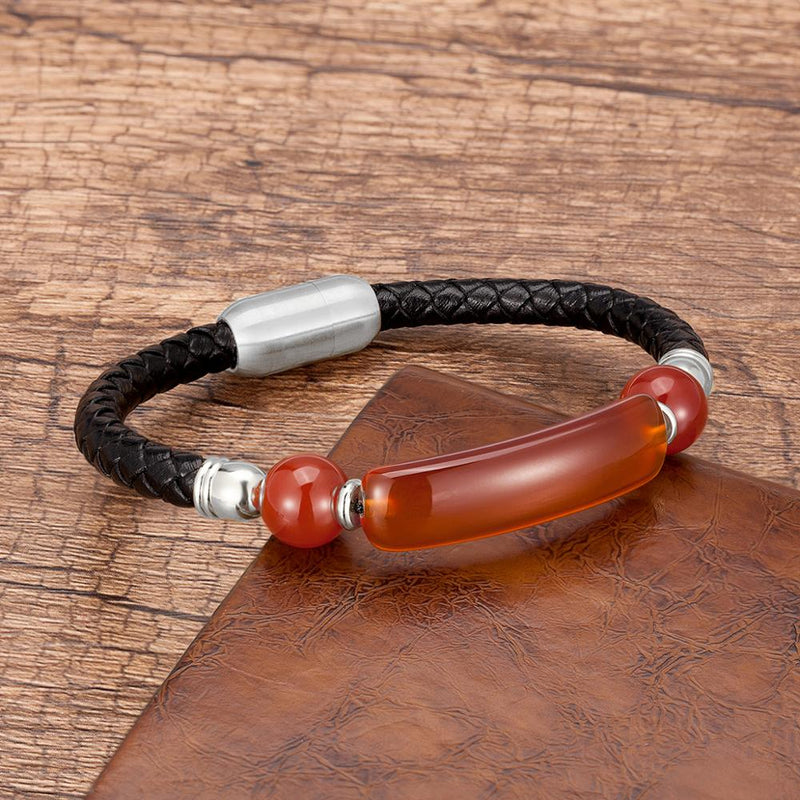 Curved Stone Leather Rope Braided Bracelet