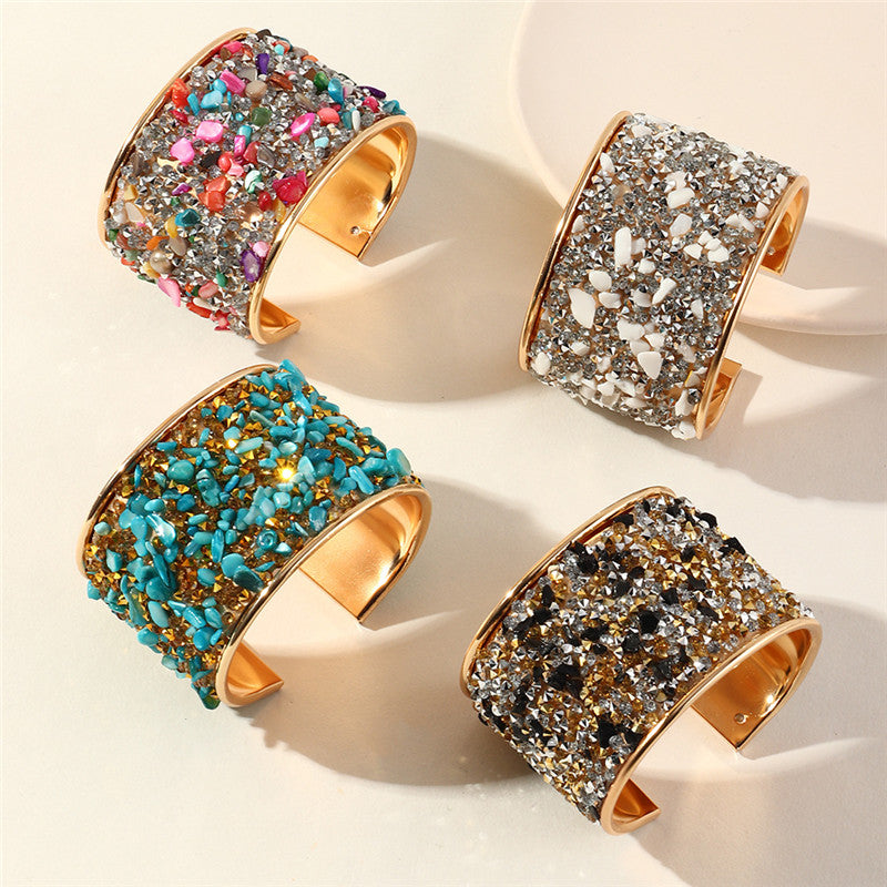 Exaggerated Metal Bracelet With Colored Diamonds And Gravel Bracelet