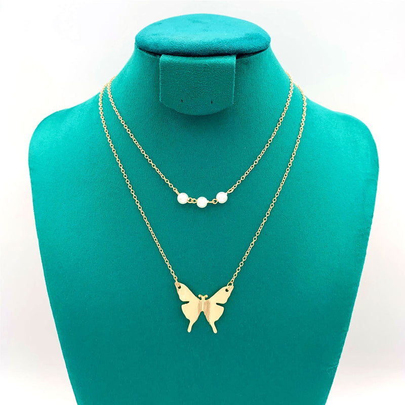 Double Pearl Butterfly Necklace Female Simple Light Luxury Temperament Trend Retro Jewelry Clavicle Chain Pendant