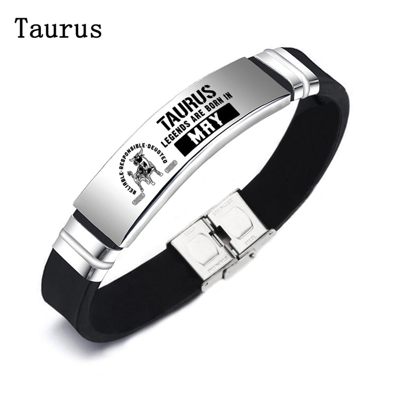 Engraved 12 Constellation Zodiac Sign Stainless Steel ID Bracelet Silicone Bangle