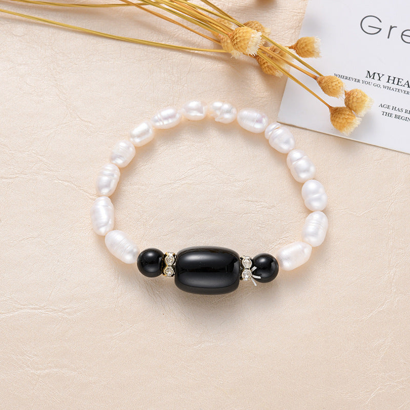 Simple Freshwater Pearl & Chalcedony Agate Stone Rice Bead Bracelet