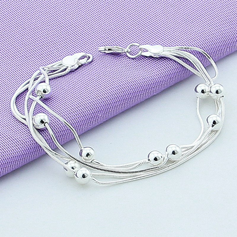 Silver Plated Korean Fashion Five Lines Snake Bone Beads Bracelet