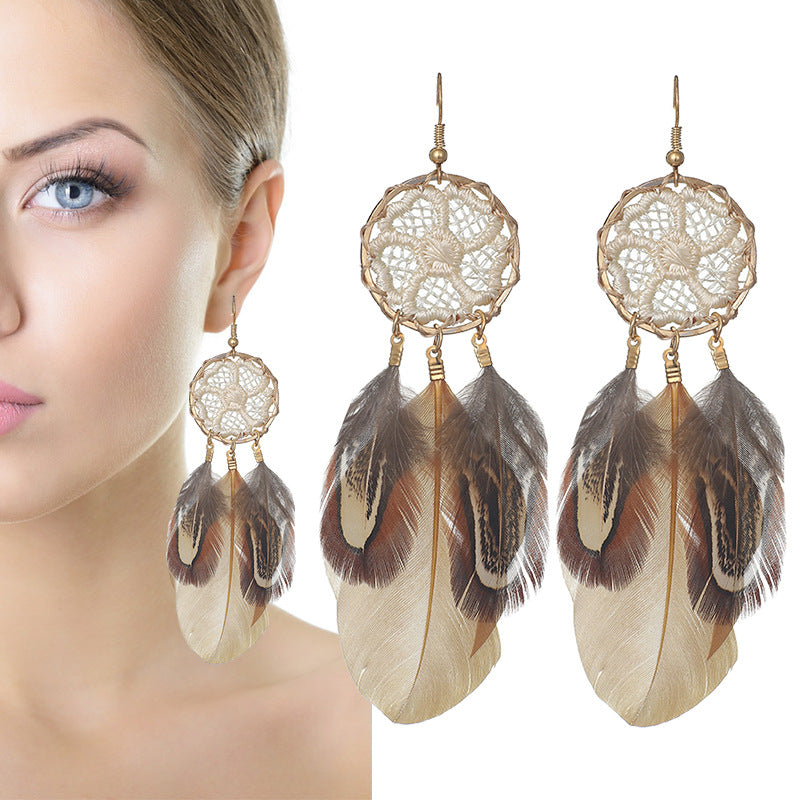 Women's Dream Catcher Flower Braided Feather Earrings