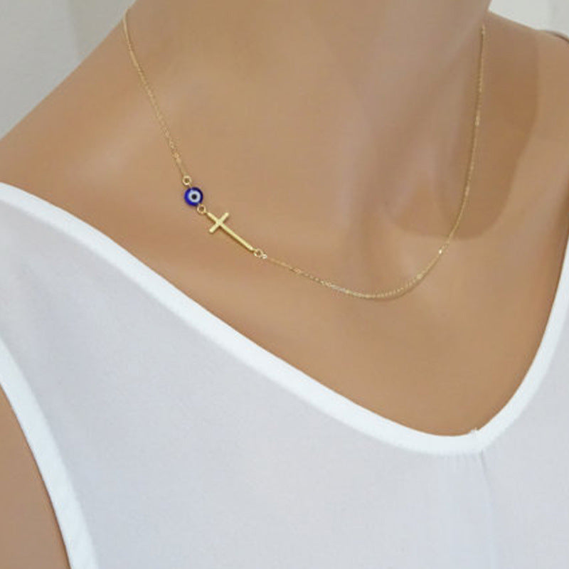 Cross blue eyes clavicle women's necklace