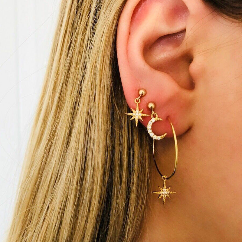 Asymmetrical Star and Moon Stud Earrings