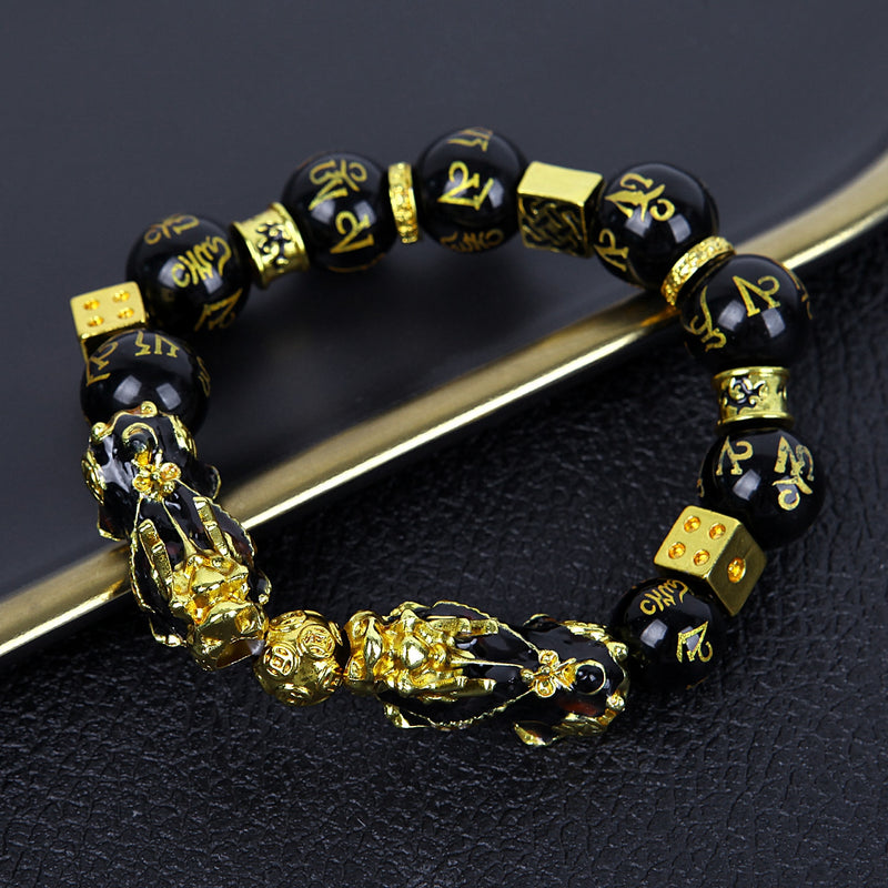 Men Lucky Black Pixiu Gold Obsidian Bracelet