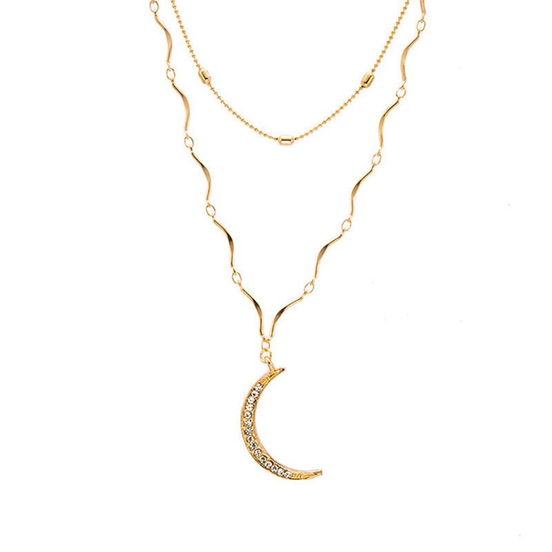 Double Chain Crystal Moon Choker Pendant Women