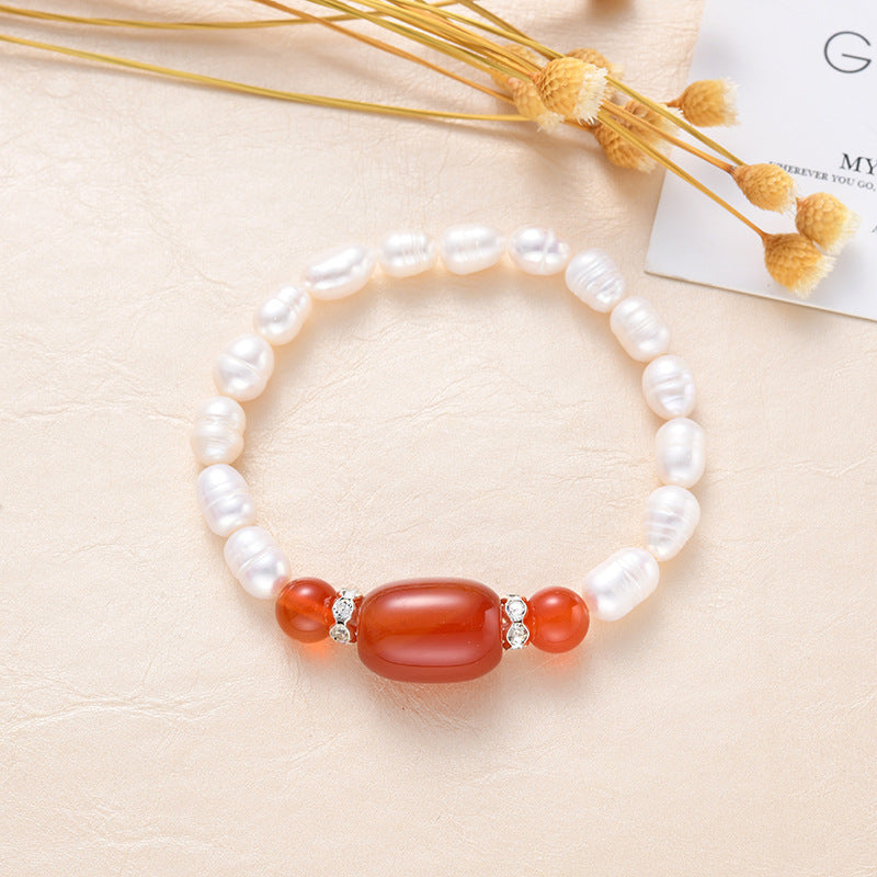 Simple Freshwater Pearl & Chalcedony Agate Stone Rice Bead Bracelet