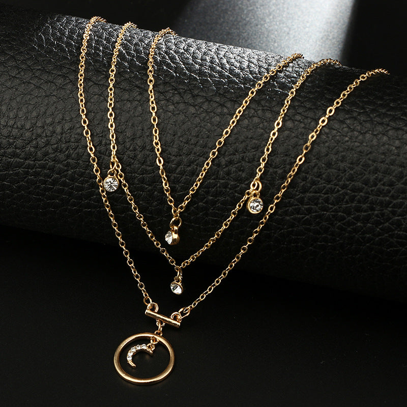 Tocona Bohemian Antique Gold Circle Moon Rhinestone Pendant Chokers Necklaces Multi Layer Necklace Collar for Women Jewelry 3294