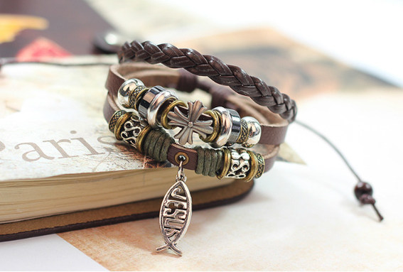 New Beaded Leather Bracelet With Jesus,Fish And Cross Charms