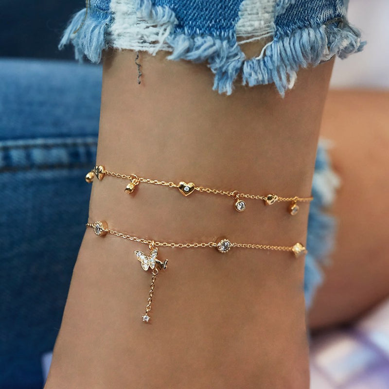 Gold Multi-layer Crystal Butterfly Anklet