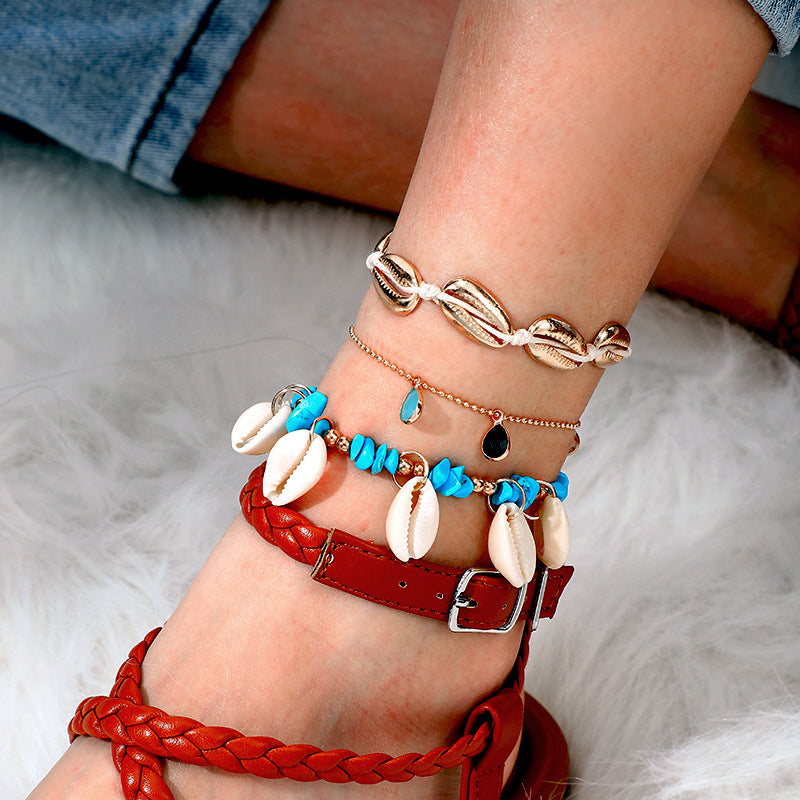 Diamond drop braided cord turquoise shell 3-layer anklet