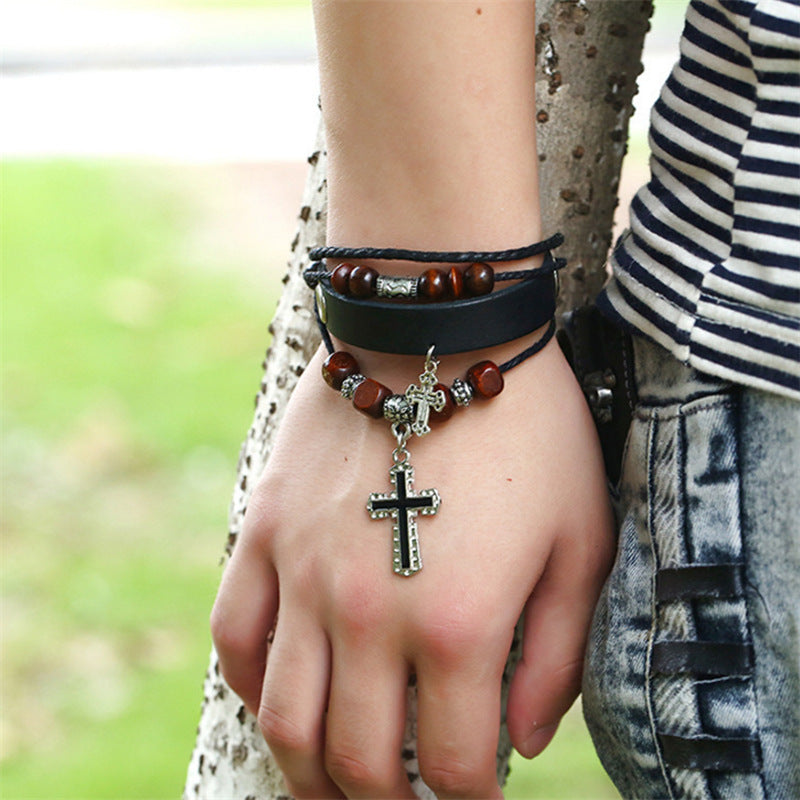 Leather Chain With Cross Beaded Genuine Leather Bracelet