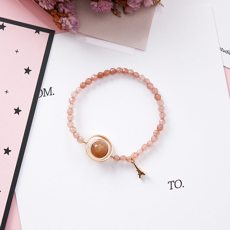 Women's Sweet Simple Hollow Geometric Round Crystal Beaded Bracelet With Tower Charm