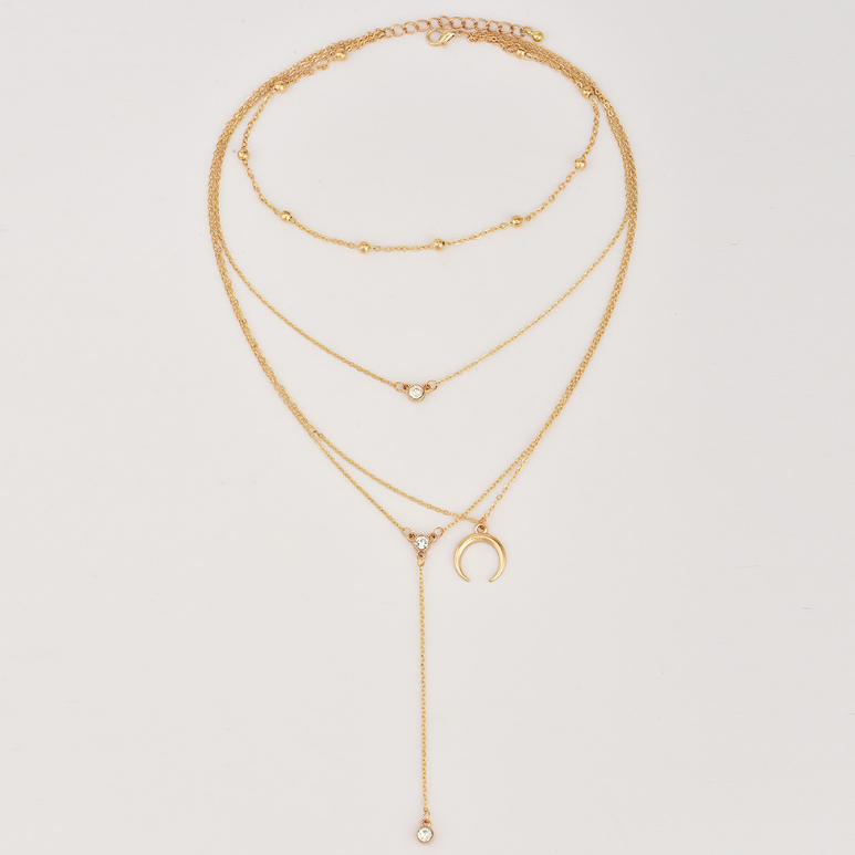 Bead Chain Diamond Moon Pendant Multi-layer Women's Necklace
