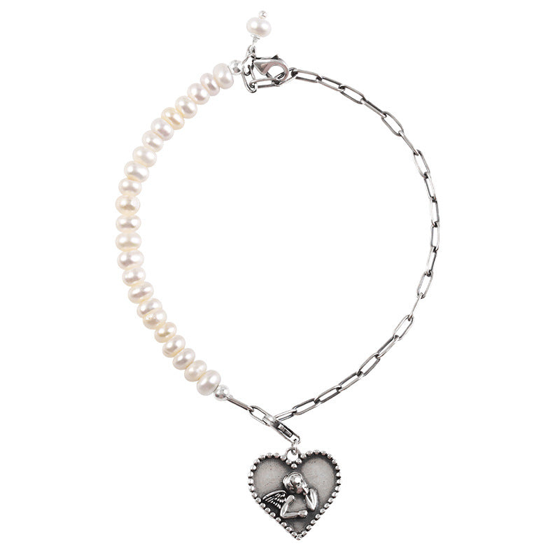 Angel Heart-shaped with Natural Pearl Charm Bracelet