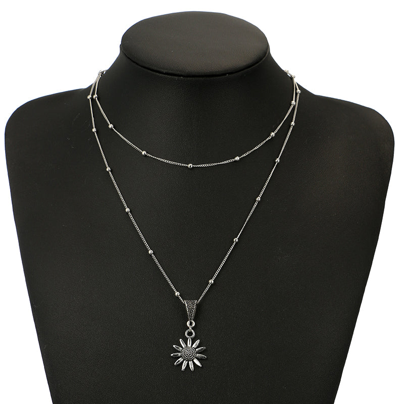 Alloy Sunflower Pendant Double Necklace Lady