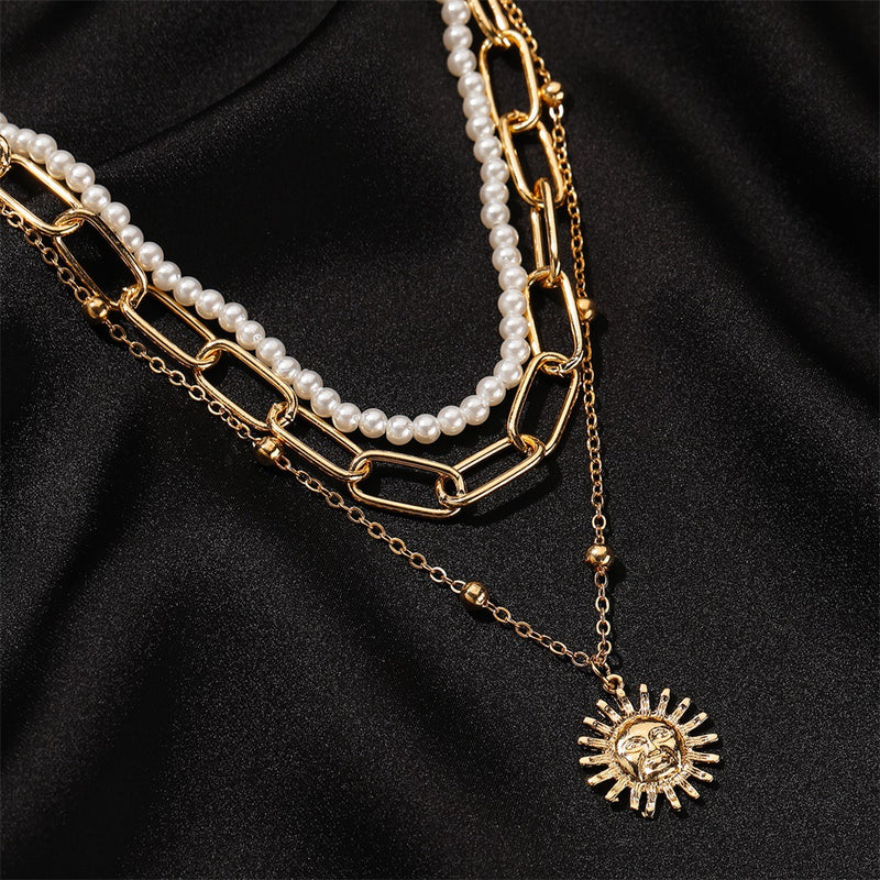 Personality 3-layer Sun Necklace Female Personality Pearl Thick Chain Multilayer Long Sweater Chain