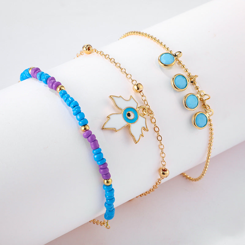 Emotional Rice Beads Leaf Eye Anklet 3-Piece Set