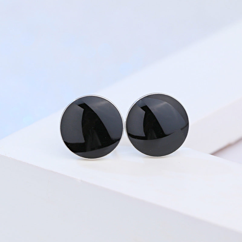 Korean Black Crystal Epoxy Round Earrings