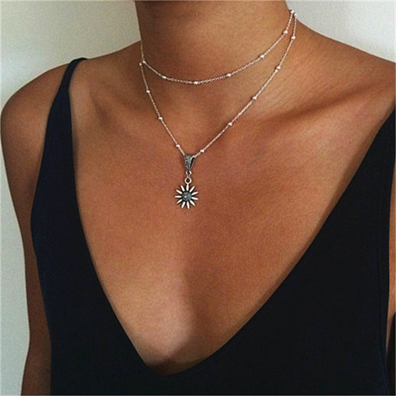 Alloy Sunflower Pendant Double Necklace Lady