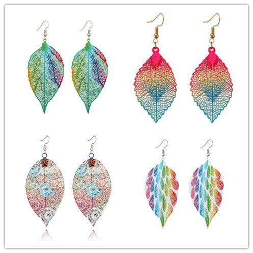 Hollow-Out Printed Seven Color Leaf Earring Female