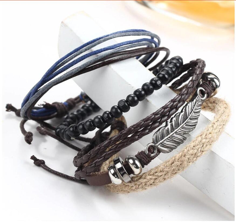 New Angel Wing Feather Alloy Multilayer Wood Bead Weaving Beaded Wax Rope Bracelet Star with Bracelet Jewelry