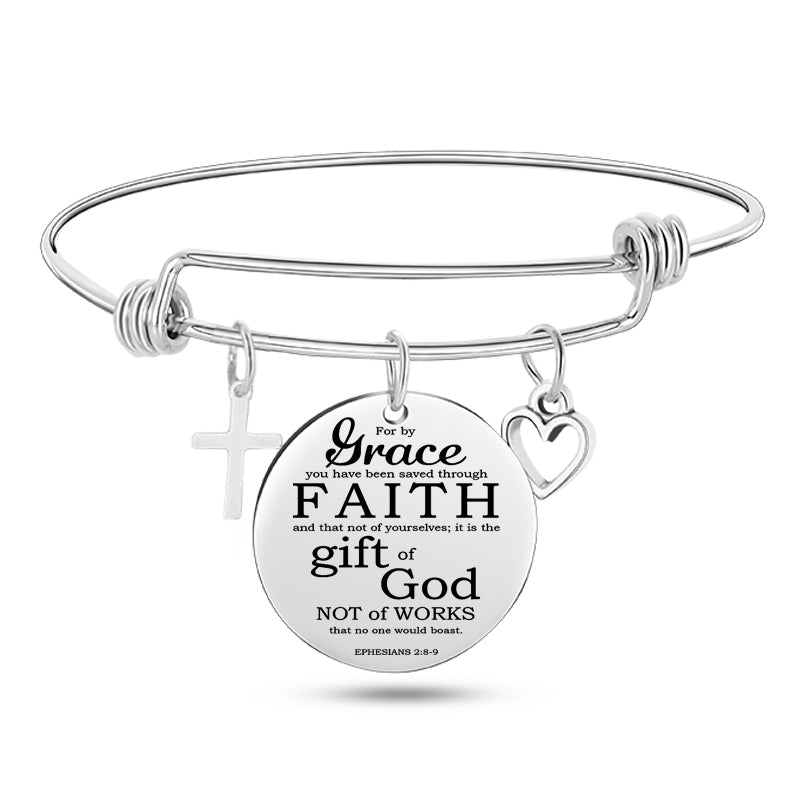 Cross Heart Charms Bible Psalm Stainless Steel Bangle  Bracelets