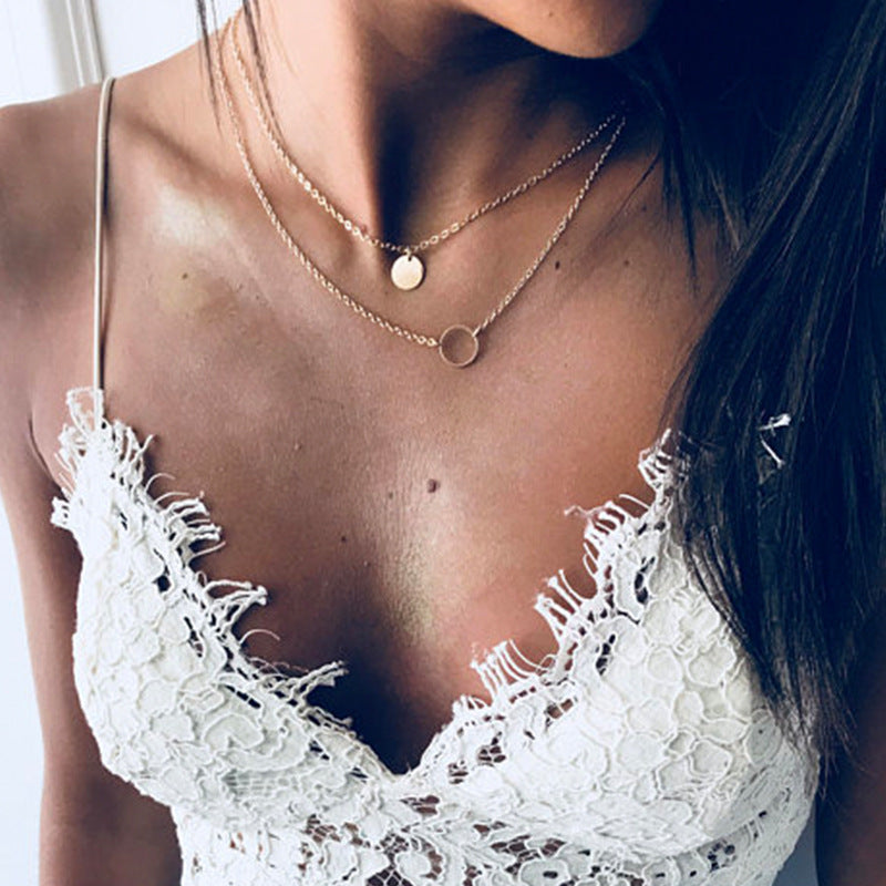 New Summer Multi Layer Sequined Choker Necklace For Women Gold Color Double Layer Round Pendant Necklace Fashion Jewelry