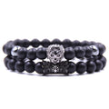2 Pieces Of Men's Black Micro-inlaid Zircon Bracelet Set  With Beast, King, Lion Head For Couples
