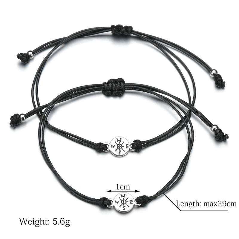 Card Bracelet Retro Alloy Compass Handmade Wax Wire Braided Bracelet 2 Piece Set