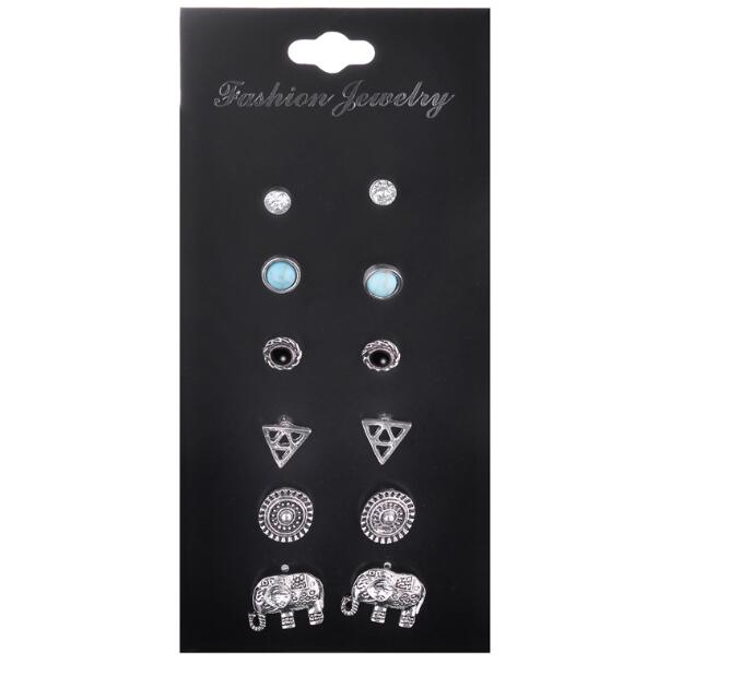 Retro earrings set combination Elephant triangle earrings 6 pairs of earrings combination card set