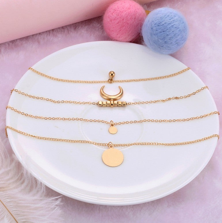 Retro Ethnic Style Moon Horn Disc Alloy Multilayer Necklace