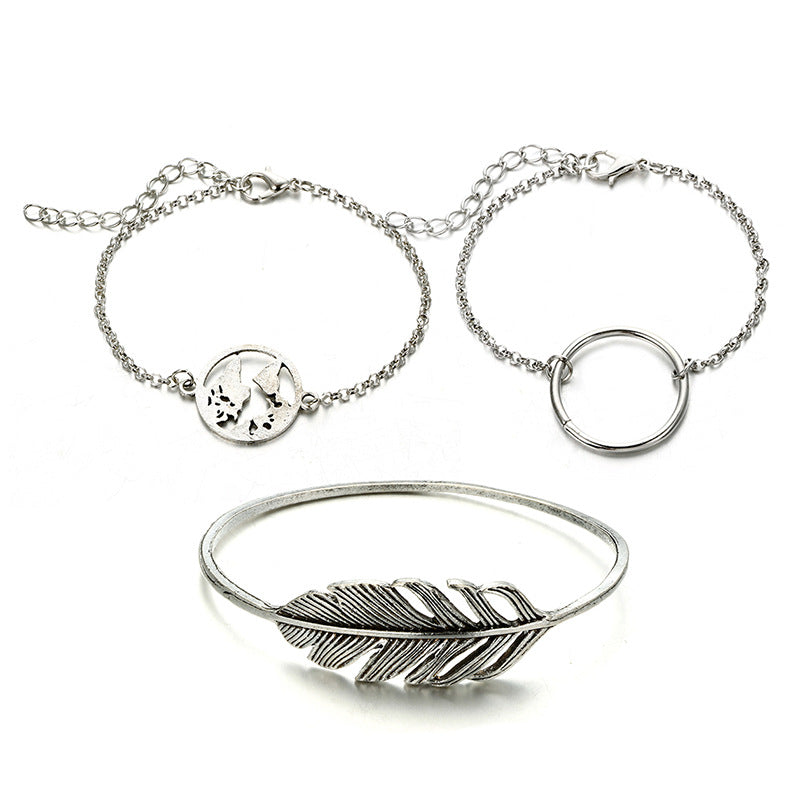 European and American cross-border jewelry New geometric smooth circle round map leaf bracelet bracelet three-piece