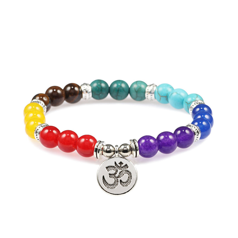 Colorful Beads Weathered Granite Crystal Bracelet Om Alloy Pendant Yoga Bracelet Wrist Ring