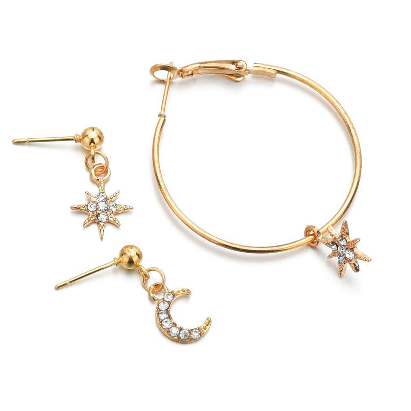 Asymmetrical Star and Moon Stud Earrings