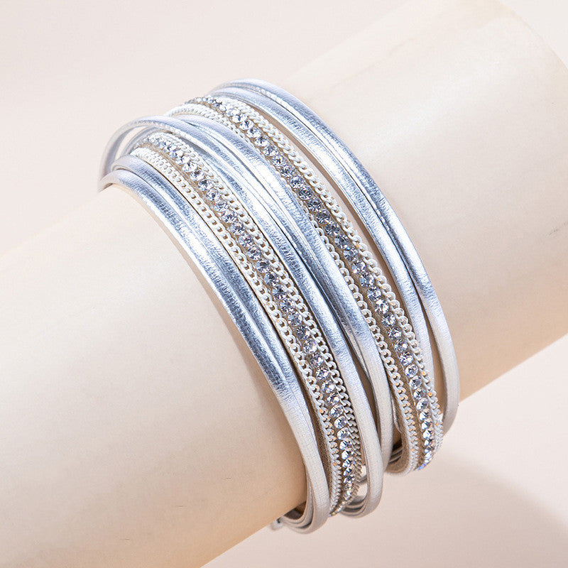 Multi-layer Silver Bracelet With Magnetic Clasp Simple PU Leather Two-ring Bracelet