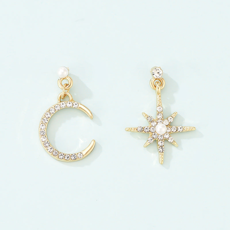 Eight-pointed Star Star And Moon Full Diamond Asymmetric Earrings