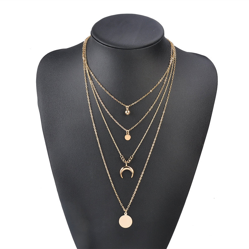 Retro Ethnic Style Moon Horn Disc Alloy Multilayer Necklace